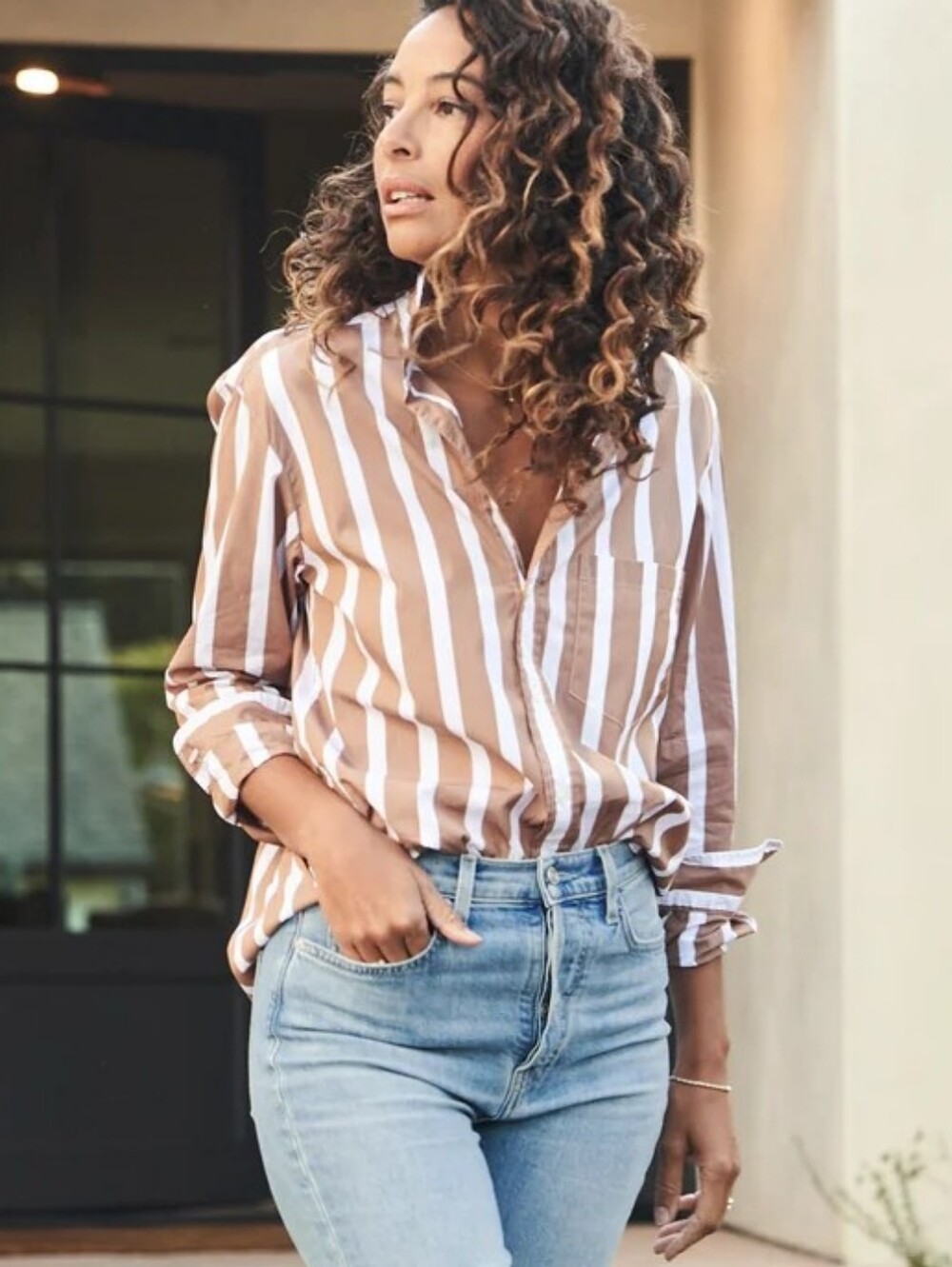 Frank & Eileen Joedy Button‎ Up Shirt in Camel Stripe
